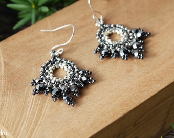 Bohemian Glass Earrings Boho Beaded Earrings Beadwoven Earrings, Czech Glass Jewelry Gift Dark Grey Earrings Unique Earrings Sterling Silver