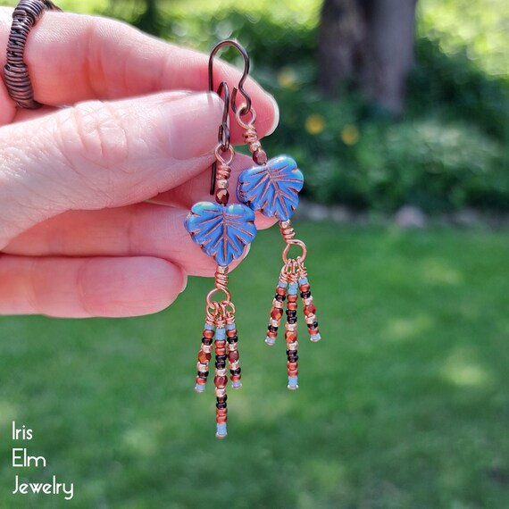 Blue Glass Leaf Copper Beaded Dangle Earrings, Niobium Earwires, Nature Handmade Jewelry