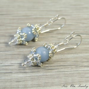Small Light Blue Angelite and Quartz Crystal Beaded Earrings - Sterling Silver Unique Vintage Style Handmade Jewelry Gift - Beadwork