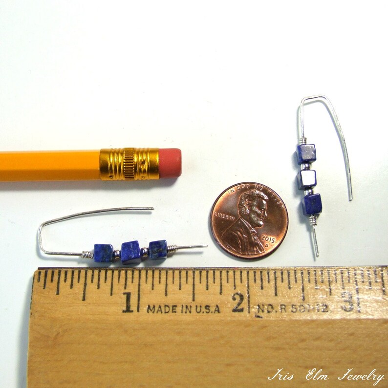Lapis Lazuli Earrings Blue Lapis Earrings Sterling Silver Cube Threader Earrings Minimalist Jewelry Blue Stone Earrings Modern Boho Gifts