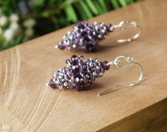 Purple Glass Beaded Bead Earrings, Handmade Vintage Style Edwardian Victorian Jewelry,  Sterling Silver