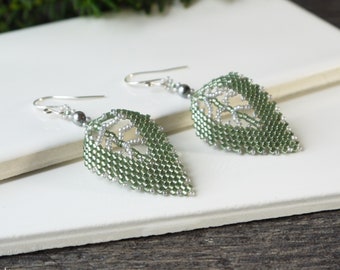 Light Green Beaded Glass Seed Bead Leaf Earrings with Handcrafted Sterling Silver Earwires - Handmade Beadwork Nature Jewelry Gift for Her