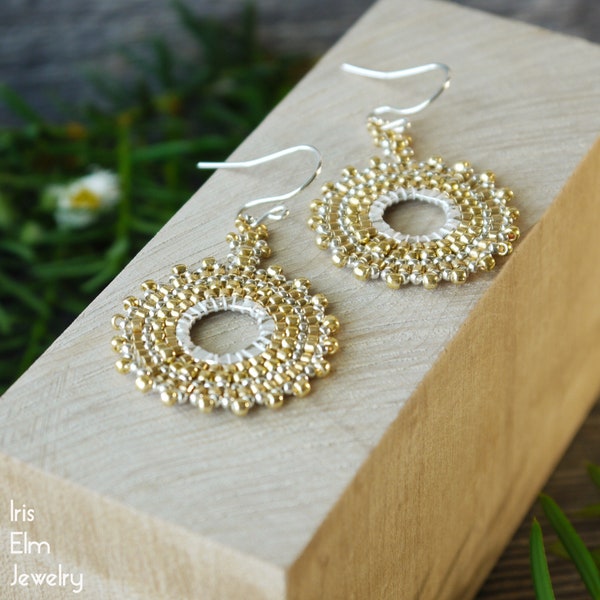 Gold Beaded Hoop Earrings Glass Seed Bead Earrings Small Boho Earrings Unique Handmade Jewelry Gifts for Her Beadwork Jewelry Woven Earrings