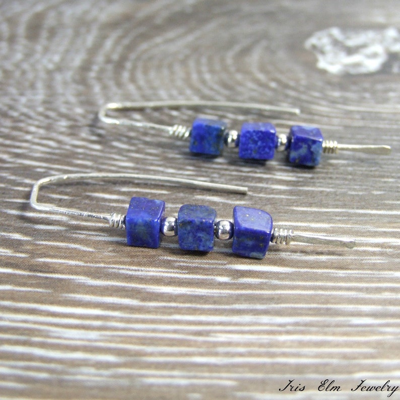 Lapis Lazuli Earrings Blue Lapis Earrings Sterling Silver Cube Threader Earrings Minimalist Jewelry Blue Stone Earrings Modern Boho Gifts