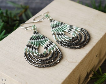 Green and Grey Teardrop Earrings, Boho Glass Seed Bead Jewelry, Everyday Handmade Sterling Silver Unique Artisan Jewelry Gifts Beadwork