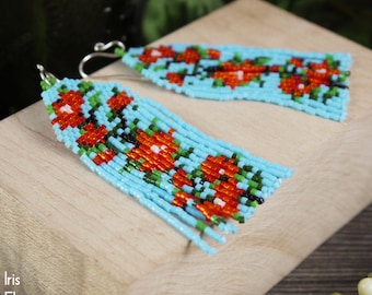 Blue and Red Flower Glass Seed Bead Fringe Earrings, Bohemian Floral Jewelry, Sterling Silver, 3 inch