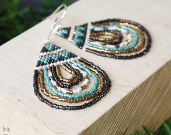 Bohemian Earrings Boho Jewelry, Brown Bronze and Blue Seed Bead Earrings Beaded Statement Earrings Unique Handmade Jewelry Gifts, Tear Drop