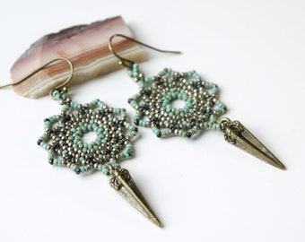 Seafoam Green Glass Seed Woven Mandala Earrings with Brass Spikes, Unique Handmade Boho Jewelry, Bohemian Gift for Her, Beadwork