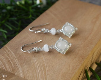 Small White Snow Quartz Earrings, Beaded Gemstone Jewelry, Artisan Handmade Unique Gift, Sterling Silver, Vintage Style Accessory