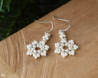 Pearl White Snowflake Earrings, Small Beaded Earrings Glass Winter Accessories, Stocking Stuffers For Women Snowflake Jewelry Handmade Gifts