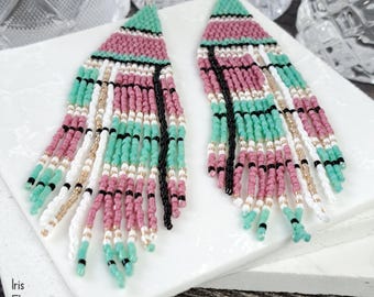 Pink and Mint Green Plaid Seed Bead Long Fringe Earrings: Sterling Silver, Glass Beadwork