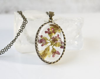 Red Yellow Yarrow Pressed Flower in Resin Necklace, Botanical Wildflower Jewelry, Oval Pendant Antiqued Brass, Gift for Her