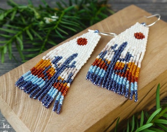 Desert Sunset Cactus Fringe Earrings, Glass Seed Bead Jewelry, Southwestern Style Boho, Unique Handmade Gift, Sterling Silver Earwires