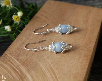 Small Light Blue Angelite and Quartz Crystal Beaded Earrings - Sterling Silver Unique Vintage Style Handmade Jewelry Gift - Beadwork