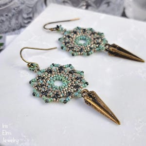 Seafoam Green Glass Seed Woven Mandala Earrings with Brass Spikes, Unique Handmade Boho Jewelry, Bohemian Gift for Her, Beadwork