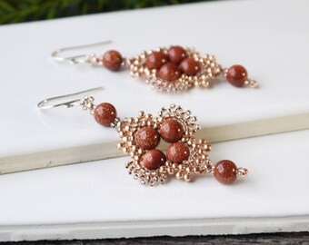 Brown Goldstone Beaded Boho Dangle Earrings: Sterling Silver, Unique Handmade Jewelry