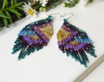 Green Purple Rainbow Small Glass Seed Bead Fringe Earrings, Boho Beadwork Jewelry Birthday Gift, Sterling Silver Ear Wires, 2.75 inches