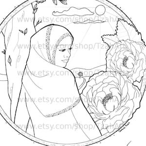 Muslim Hijabi Coloring Book Page Digital Download - Muslimah Lady and Flowers