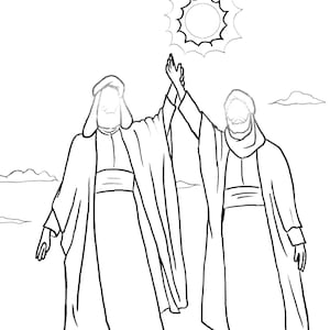 Può includere: Un disegno in bianco e nero di due persone in lunghe vesti, in piedi su un cumulo di rocce con le braccia alzate in aria. Il sole splende sopra di loro.