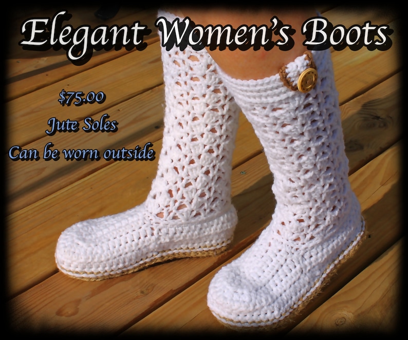 Crochet Women's Boots, Crochet women's slippers, Slipper boots with Jute soles, Lacey Boots, Crochet Boots with soles, Gifts image 1