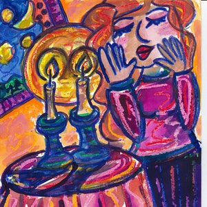 Shabbat Candles Jewish Woman Judaica Art Fine Art Mixed Media Print