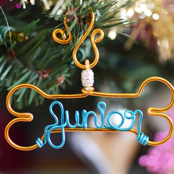 Early Shopper SALE : Personalized Pet Ornament - Handcrafted Wire Dog Bone with Pet's Name - Dog Christmas Gift