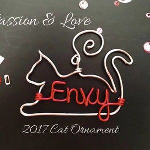 Laying 'Happy' Cat Christmas Ornament . Personalized Cat Ornament - Handcrafted with Name - Cat Christmas Gift-