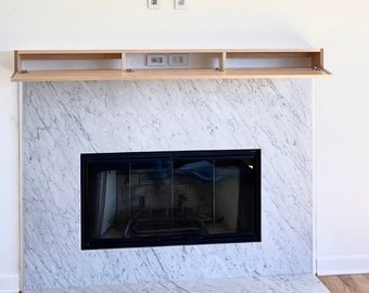 Modern Maple Fireplace Mantel with Drop Front Shelf, Hidden Storage, Media Storage
