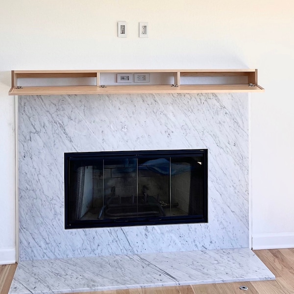 Modern Maple Fireplace Mantel with Drop Front Shelf, Hidden Storage, Media Storage