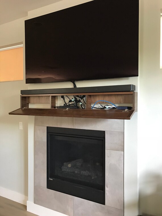 Modern Walnut Fireplace Mantel With Drop Front Shelf Media Etsy