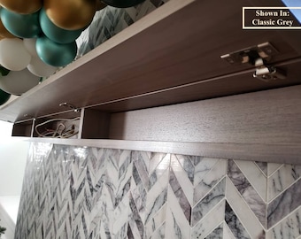 Modern Walnut Fireplace Mantel with Drop Front Shelf, Hidden Storage, Media Storage