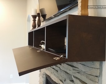 Rustic Fireplace Mantle with Hidden Media Storage, Poplar Wood