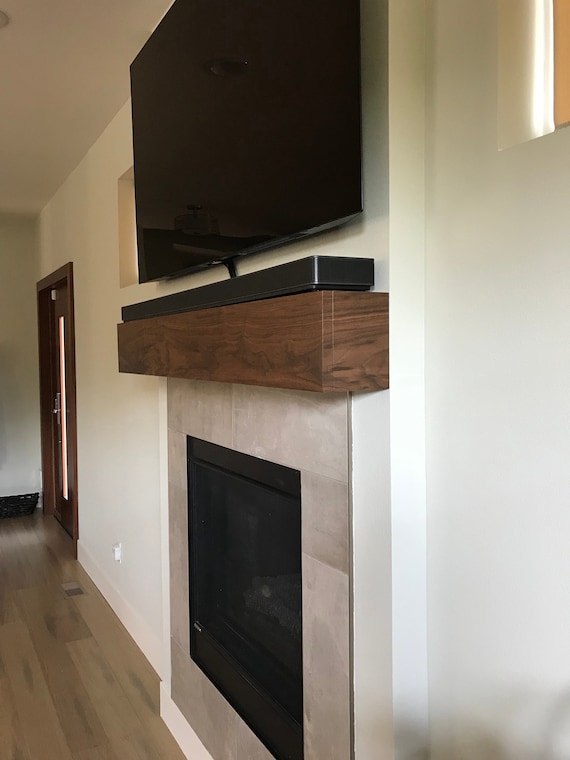 Modern Walnut Fireplace Mantel With Drop Front Shelf Media Etsy
