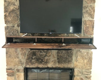 Hidden Storage Mantel, Knotted Walnut Fireplace Mantel with Drop Front Media Storage