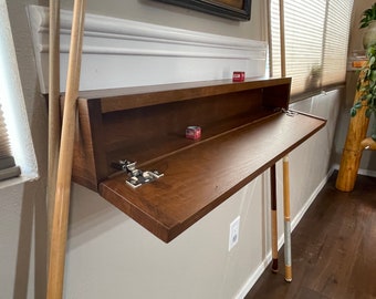 Pool cue holder shelf with hidden storage. Cherry wood.