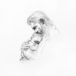 Puede incluir: Un dibujo a l&aacute;piz en blanco y negro de un hombre que sostiene a un ni&ntilde;o en sus brazos. El hombre est&aacute; mirando al ni&ntilde;o, y el ni&ntilde;o est&aacute; mirando al hombre. El dibujo est&aacute; hecho en un estilo realista.