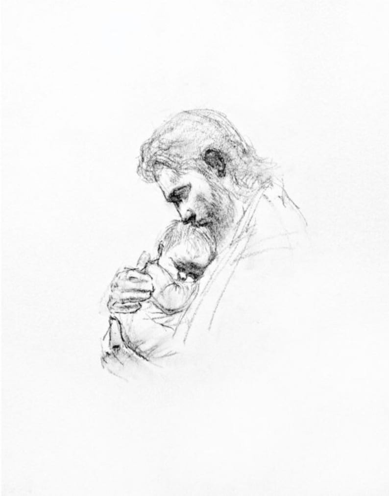 Puede incluir: Un dibujo a l&aacute;piz en blanco y negro de un hombre que sostiene a un ni&ntilde;o en sus brazos. El hombre est&aacute; mirando al ni&ntilde;o, y el ni&ntilde;o est&aacute; mirando al hombre. El dibujo est&aacute; hecho en un estilo realista.