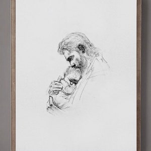 Puede incluir: Un dibujo a l&aacute;piz en blanco y negro de un hombre que sostiene a un ni&ntilde;o en sus brazos. El hombre est&aacute; mirando al ni&ntilde;o, y el ni&ntilde;o est&aacute; mirando al hombre. El dibujo est&aacute; hecho en un estilo simple, con l&iacute;neas suaves y sombreado.