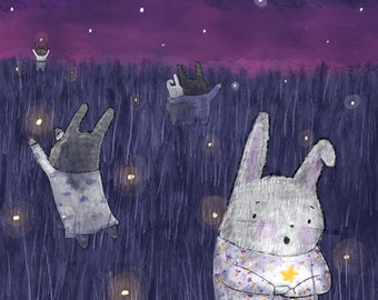 Bunnies and Fireflies Print