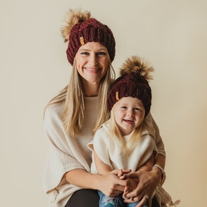 PICK YOUR COLORS Faux Fur Pom Pom Beanies Mommy and Me Matching Hats Cable Knit Hat Mom and Baby Handmade Knit Custom Color image 1