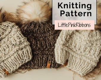 May include: Three chunky knit beanies in beige, dark brown, and cream, each topped with a fluffy faux fur pom-pom and featuring a small brown leather tag. The image includes the text Knitting Pattern and LittlePinkRibbons.