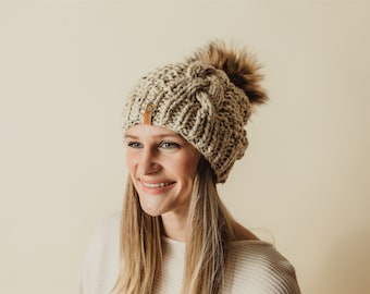 PICK YOUR COLORS - Faux Fur Pom Beanie - Braided Cable Knit Hat  - Womens - Handmade Hat - Knitted - Fur Pom Beanie