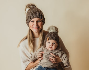 PICK YOUR COLORS - Faux Fur Pom Pom Beanies - Mommy and Me - Matching Hats -Knit Hat - Made To Order - Mom and Baby - Handmade - Knitted