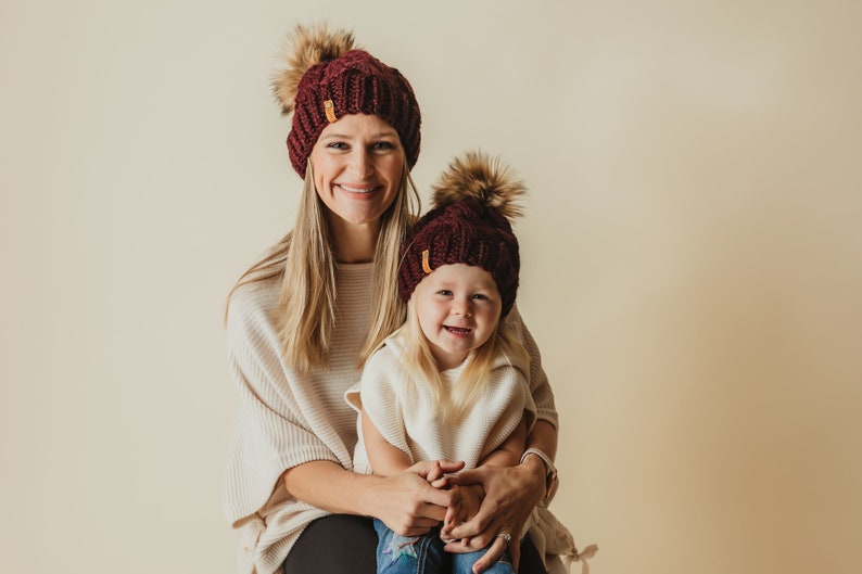 PICK YOUR COLORS Faux Fur Pom Pom Beanies Mommy and Me Matching Hats Cable Knit Hat Mom and Baby Handmade Knit Custom Color image 1