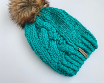 Luxury Collection Beanie // 100% Wool // Faux Fur Pom Pom Beanie // Teal with Golden Brown Pom