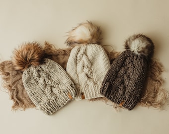PICK YOUR COLORS Faux Fur Pom Beanie Braided Cable Knit Hat