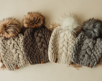 PICK YOUR COLORS - The Marie Beanie - Faux Fur Pom Beanie - Chunky Knit Hat  - Womens - Handmade Hat - Knitted - Faux Fur Pom Pom Beanie