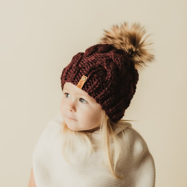 PICK YOUR COLORS - Faux Fur Pom Pom Beanie - Cable Knit Hat - Made To Order - Handmade - Knitted - Thick - Fur Pom Hat