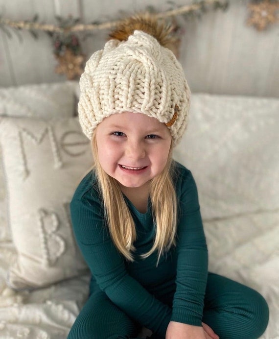 Children's Cable Knit Hat with Faux Fur Poms