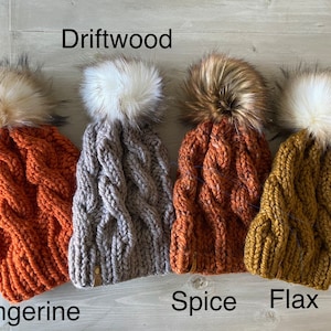 PICK YOUR COLORS - Faux Fur Pom Pom Beanie - Cable Knit Hat - Custom - Women - Handmade - Knitted - Thick